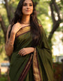 Mesmerizing Green Color Banarasi Soft Silk Saree With Blouse Piece