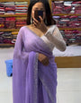 Appealing Lavender Color Diamond Work Georgette Silk Saree With Blouse Piece