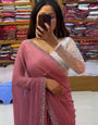 Sumptuous Light Pink Color Georgette Silk Diamond Work Saree With Blouse Piece