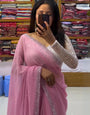 Luminous Baby Pink Color Georgette Silk Diamond Work Saree With Blouse Piece