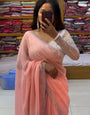 Graceful Peach Color Diamond Work Georgette Silk Saree With Blouse Piece