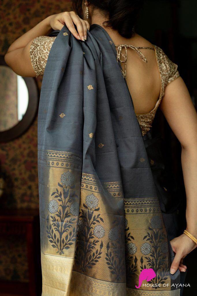 Fascinating Grey Color Soft Lichi Silk Saree With Blouse Piece