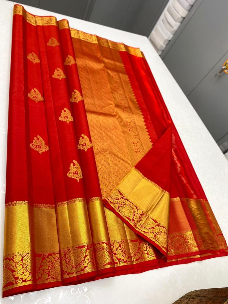 Vivid Red Color Banarasi Soft Silk Saree With Blouse Piece