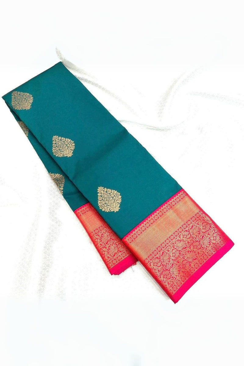 Mesmerizing Rama Green Color Banarasi Soft Silk Saree With Blouse Piece