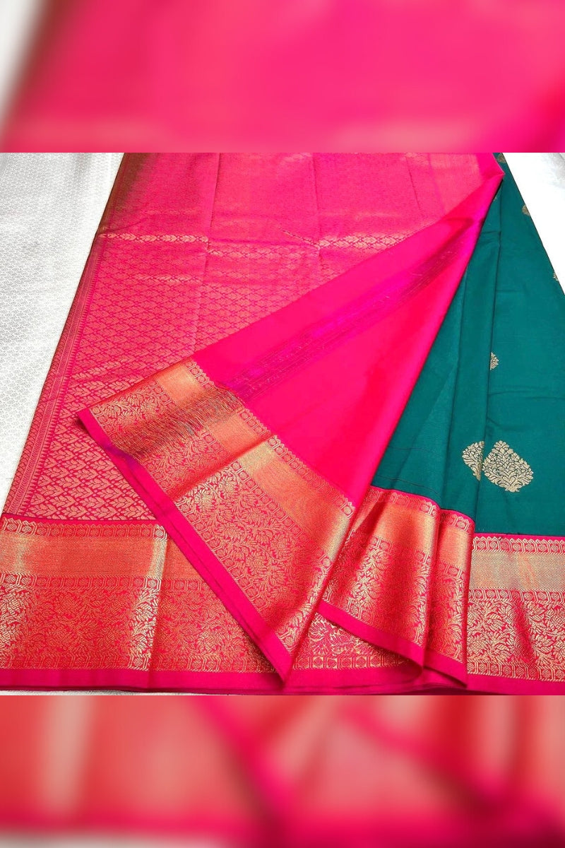 Mesmerizing Rama Green Color Banarasi Soft Silk Saree With Blouse Piece