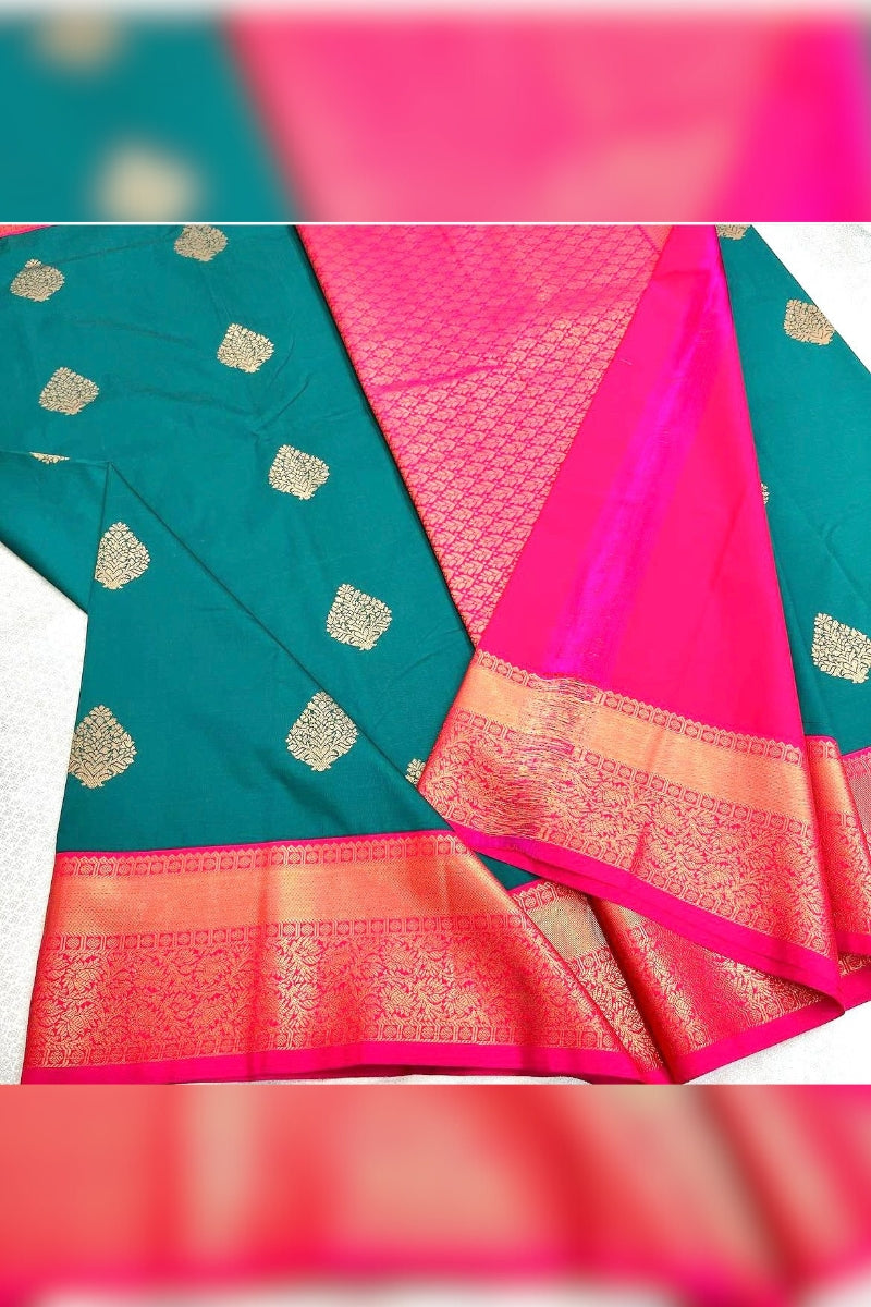 Mesmerizing Rama Green Color Banarasi Soft Silk Saree With Blouse Piece