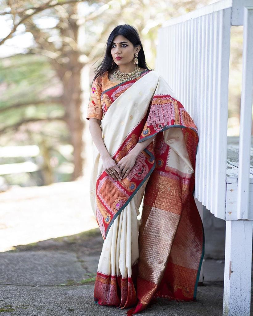 Breathtaking Off White Color Banarasi Soft Silk Saree With Blouse Piece