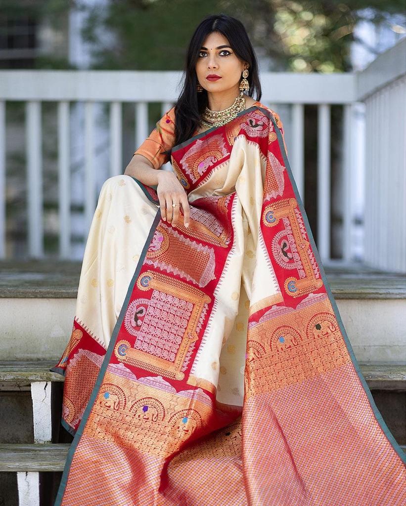 Breathtaking Off White Color Banarasi Soft Silk Saree With Blouse Piece