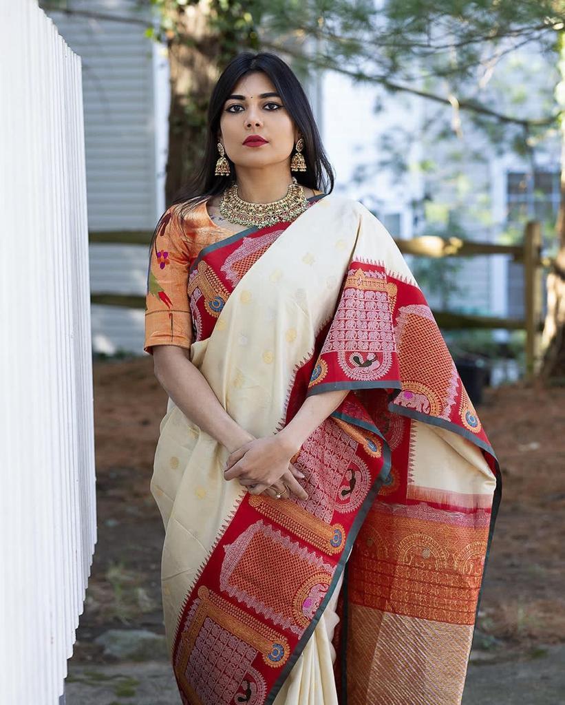 Breathtaking Off White Color Banarasi Soft Silk Saree With Blouse Piece