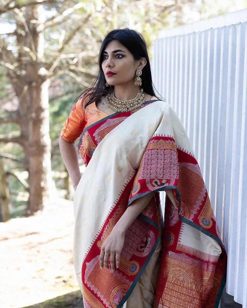 Breathtaking Off White Color Banarasi Soft Silk Saree With Blouse Piece