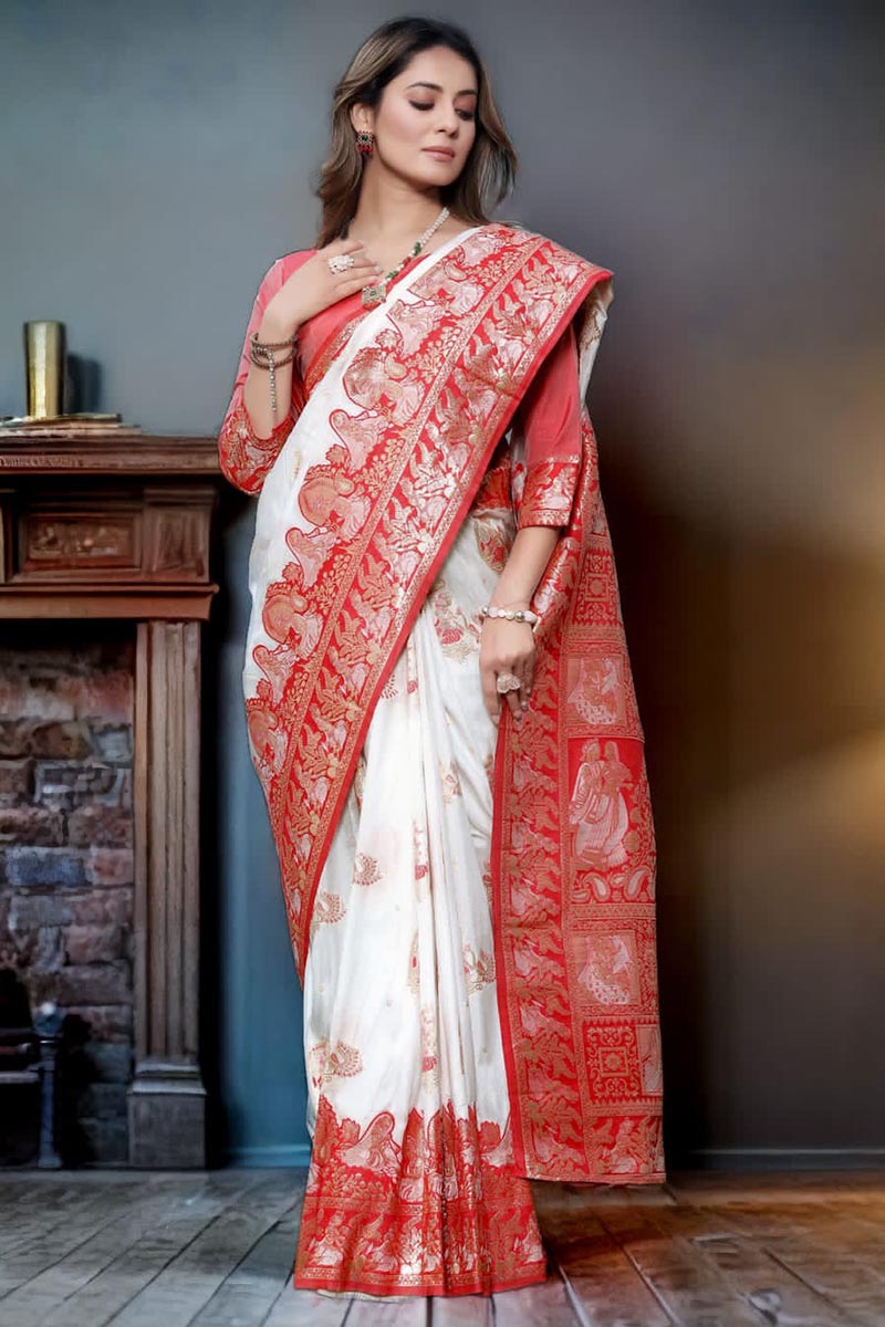 Luxurious White Color Banarasi Soft Silk Saree With Blouse Piece