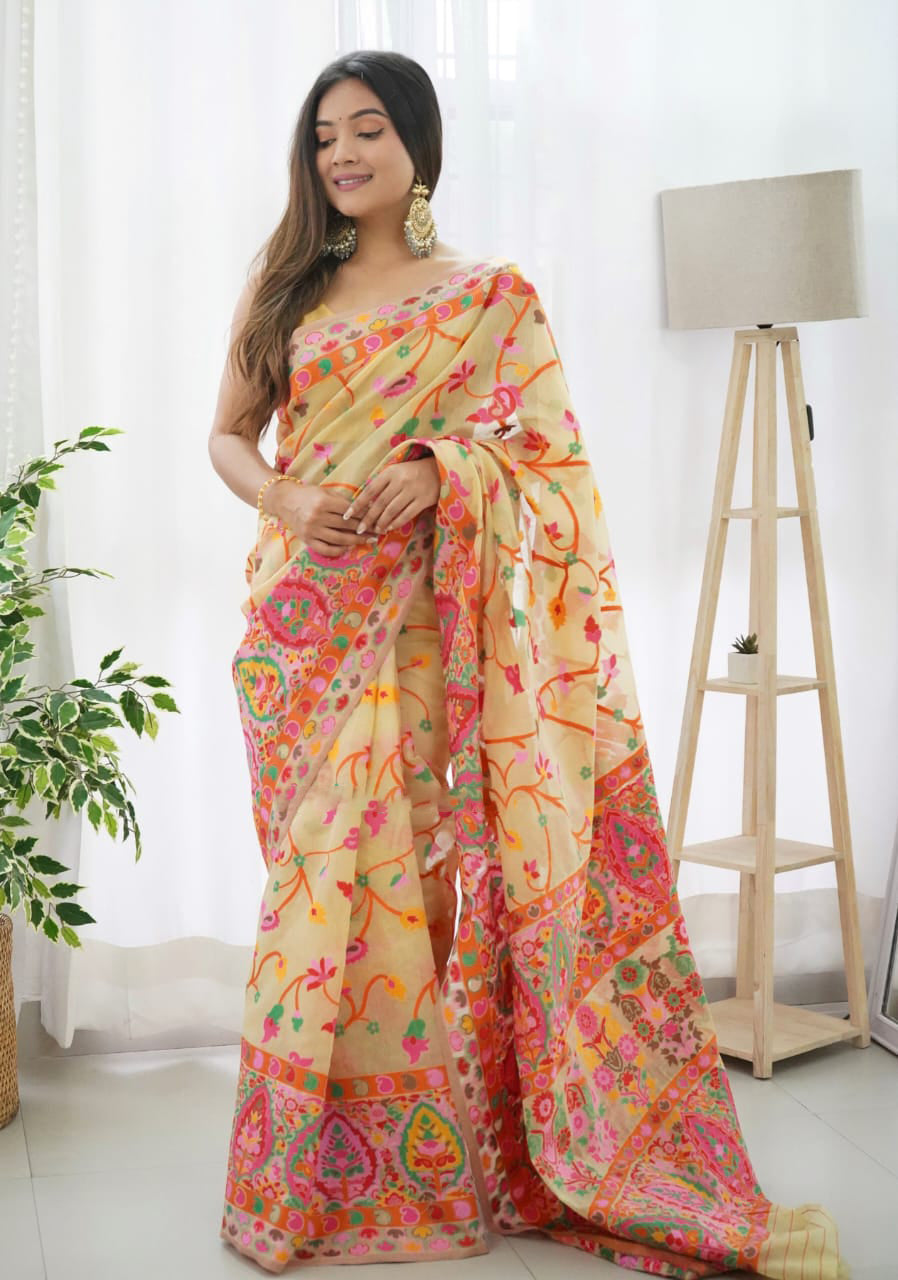 Glimmering Beige Color Pashmina Linen Silk Saree With Blouse Piece