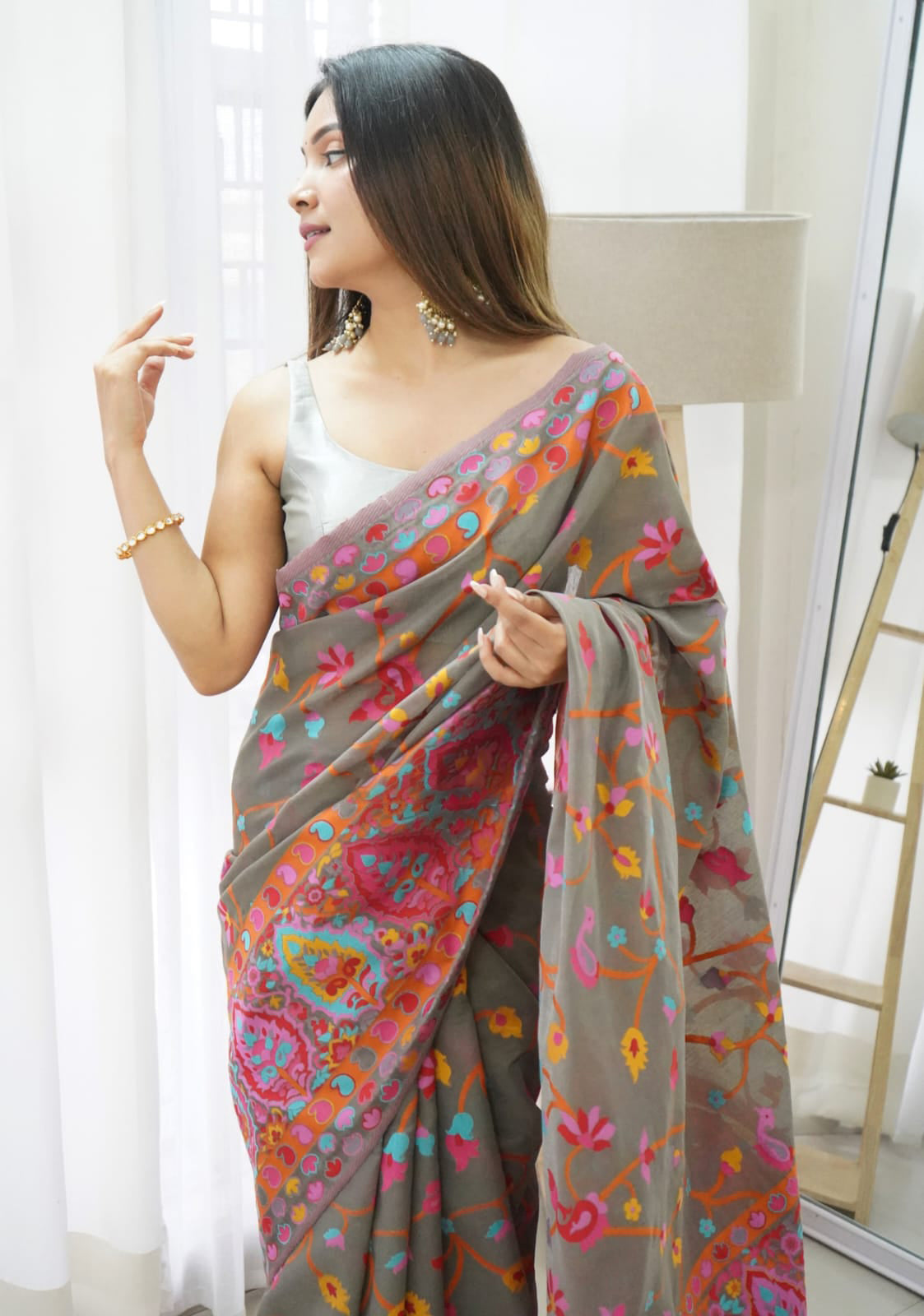 Vivid Grey Color Pashmina Linen Silk Saree With Blouse Piece