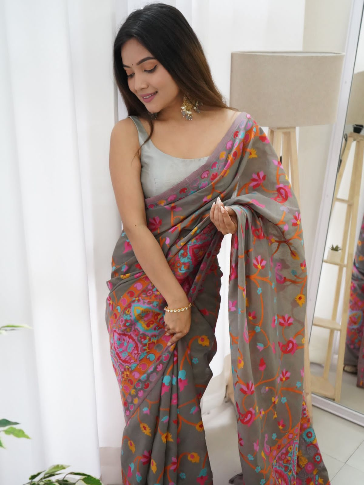 Vivid Grey Color Pashmina Linen Silk Saree With Blouse Piece