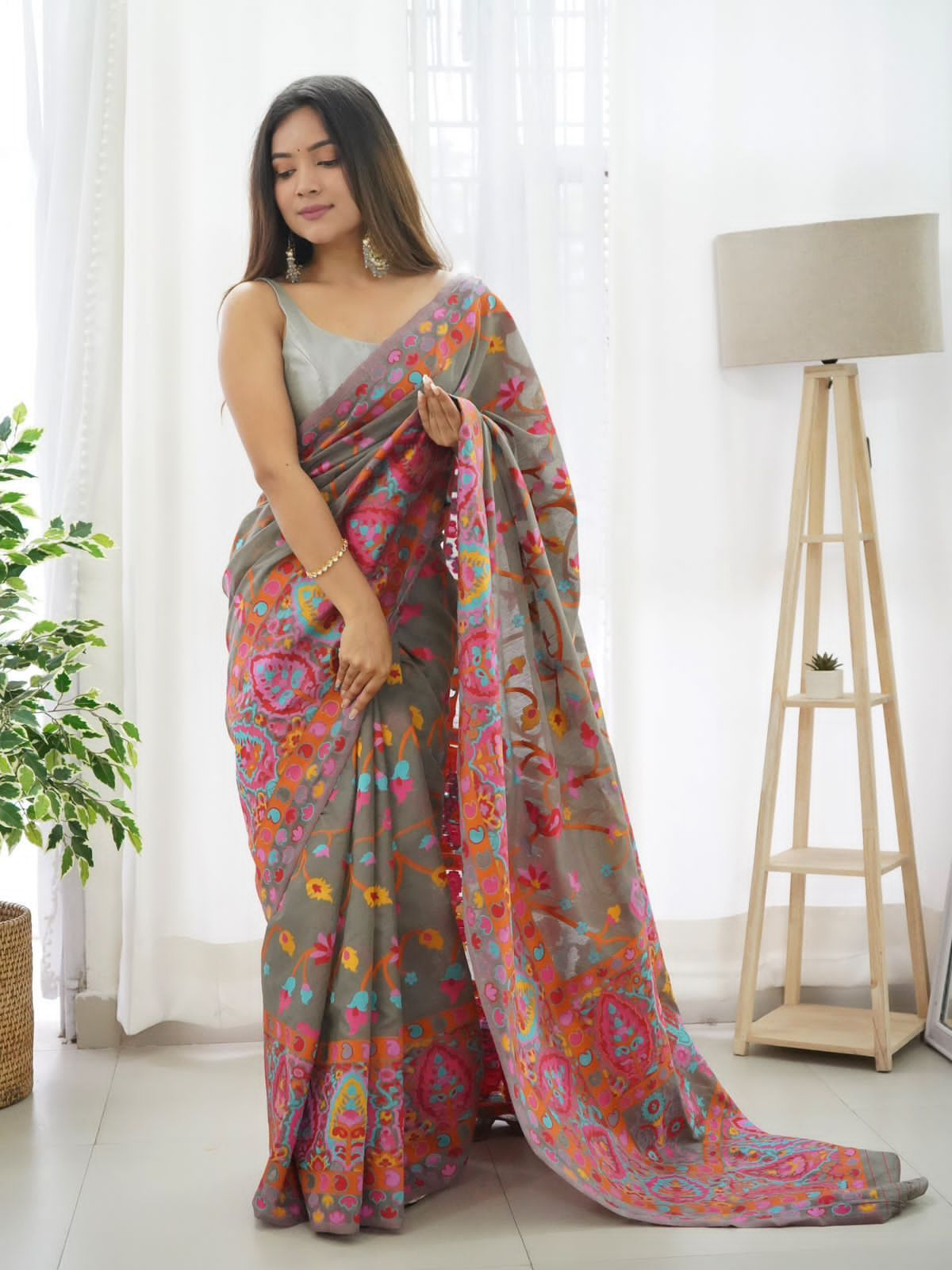 Vivid Grey Color Pashmina Linen Silk Saree With Blouse Piece