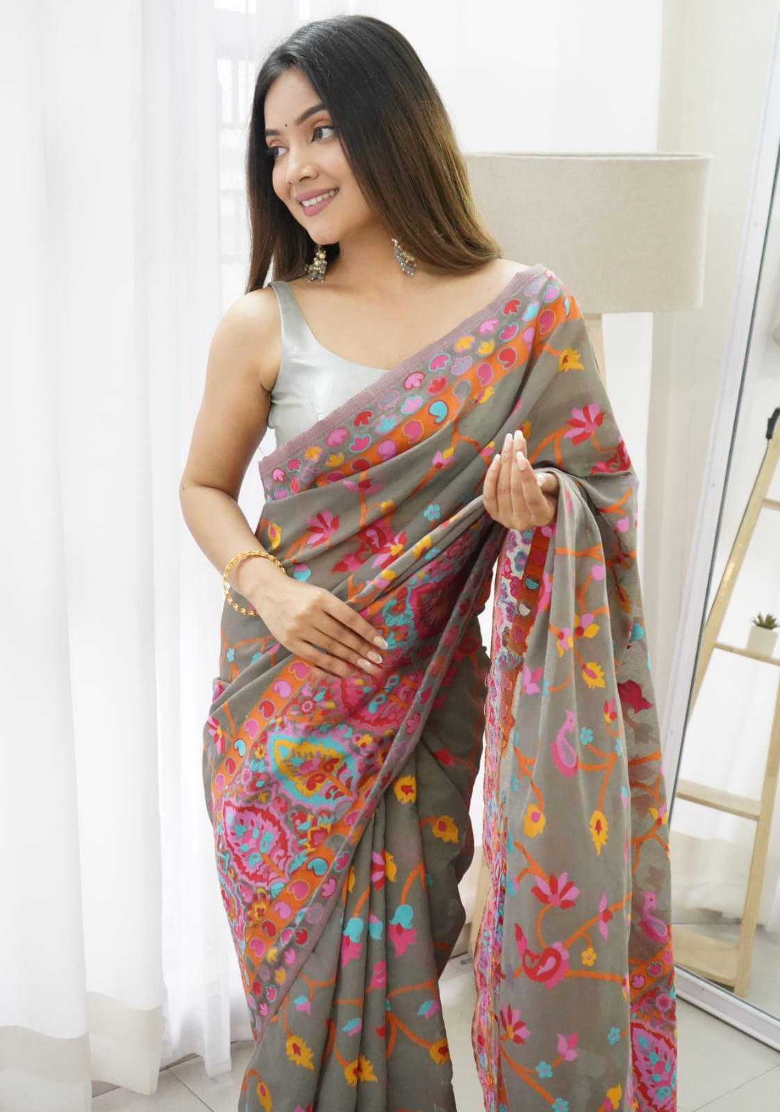 Vivid Grey Color Pashmina Linen Silk Saree With Blouse Piece