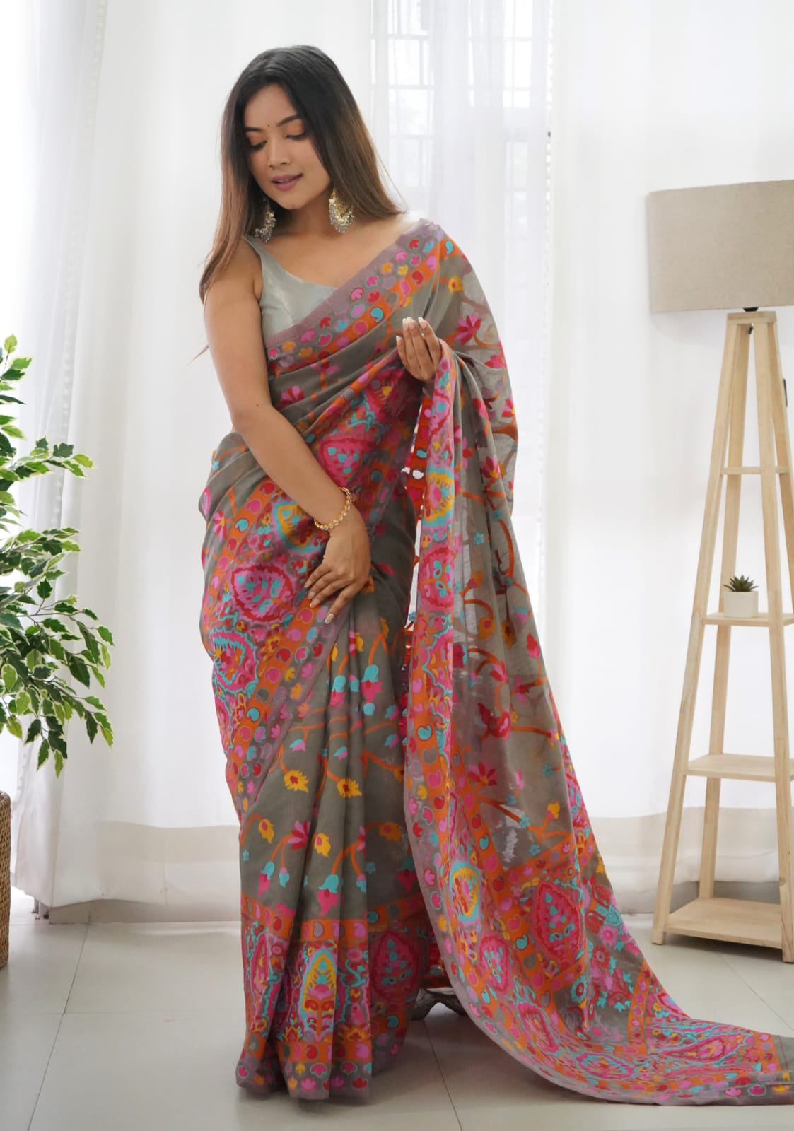 Vivid Grey Color Pashmina Linen Silk Saree With Blouse Piece