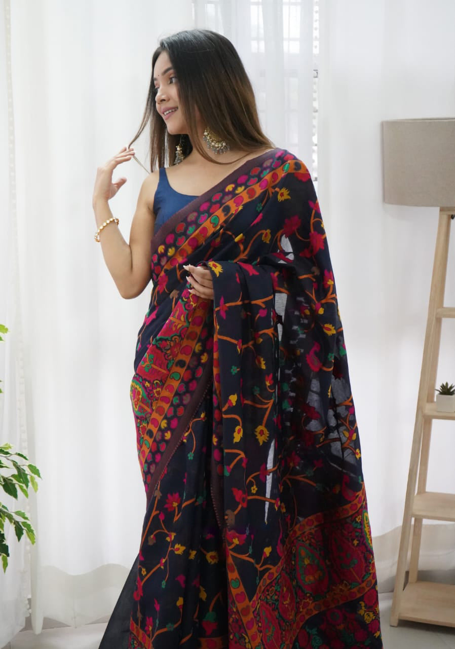 Shiny Navy Blue Color Pashmina Linen Silk Saree With Blouse Piece