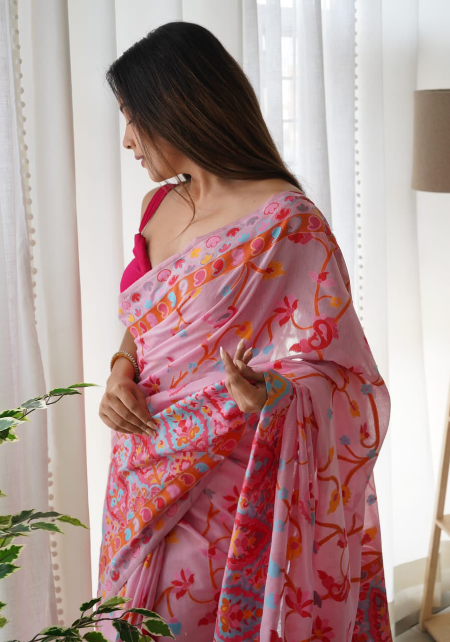 Sublime Pink Color Pashmina Linen Silk Saree With Blouse Piece