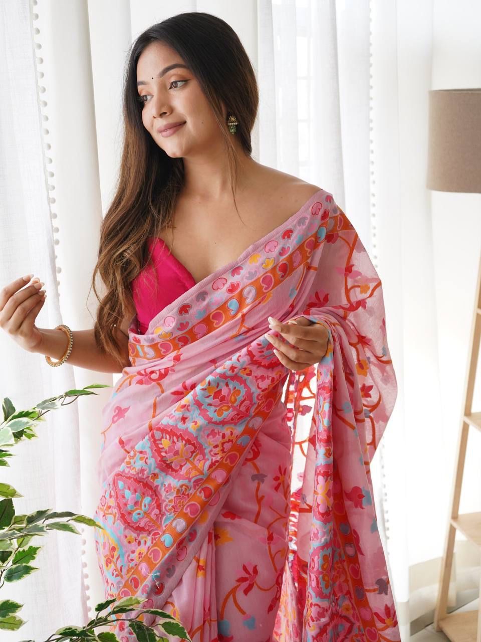 Sublime Pink Color Pashmina Linen Silk Saree With Blouse Piece