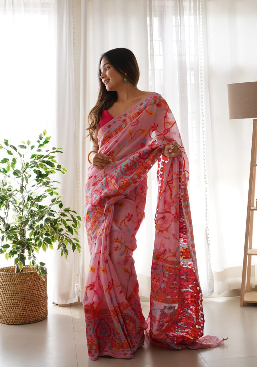 Sublime Pink Color Pashmina Linen Silk Saree With Blouse Piece