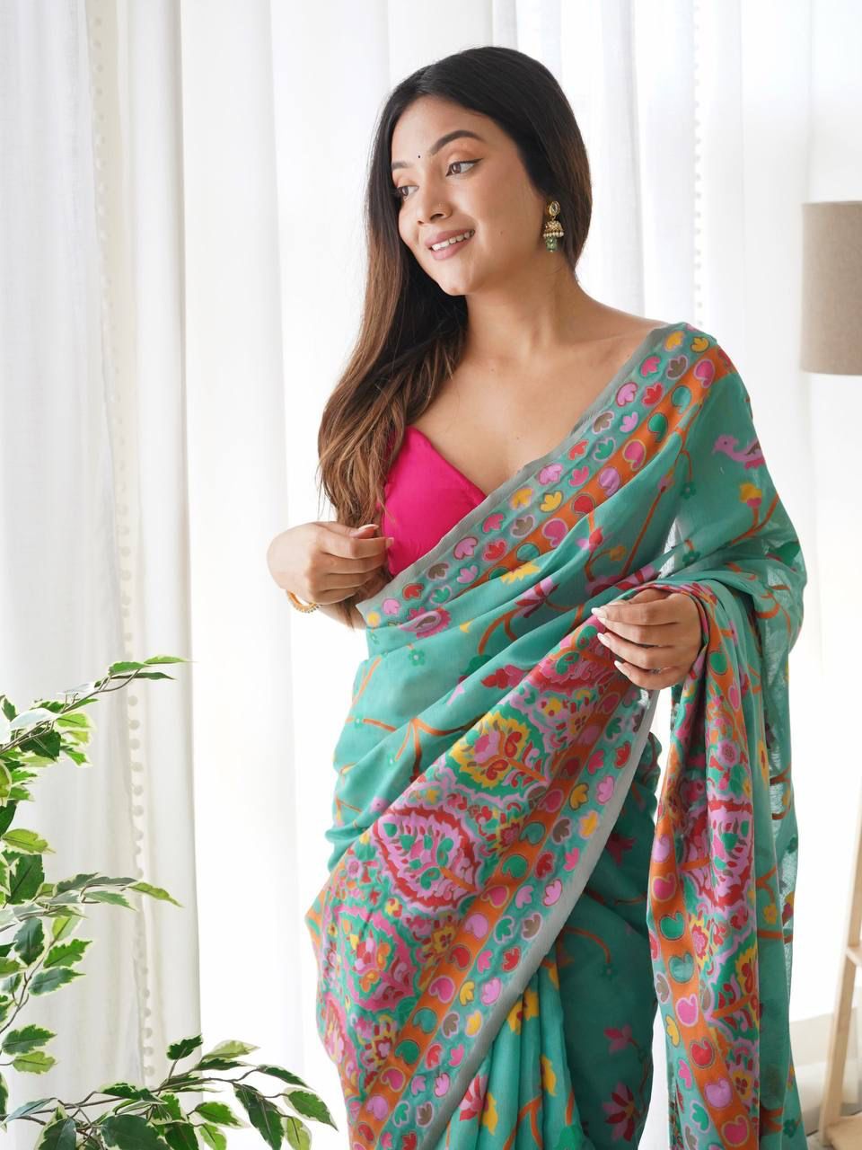 Glamorous Rama Green Color Pashmina Linen Silk Saree With Blouse Piece