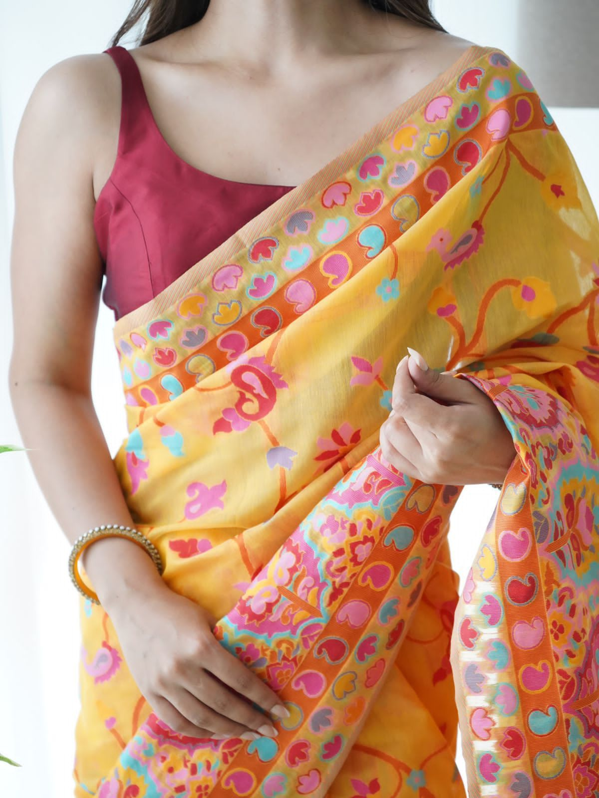 Enthralling Yellow Color Pashmina Linen Silk Saree With Blouse Piece