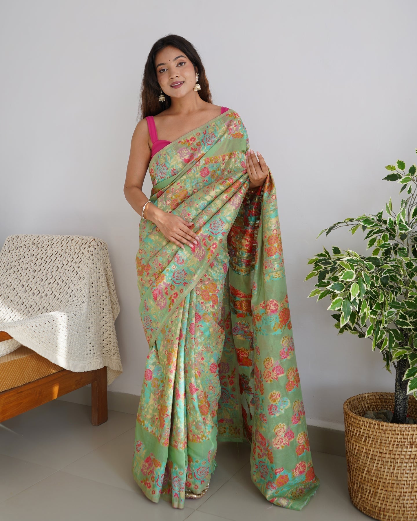 Tranquil Pista Color Pashmina Linen Silk Saree With Blouse Piece