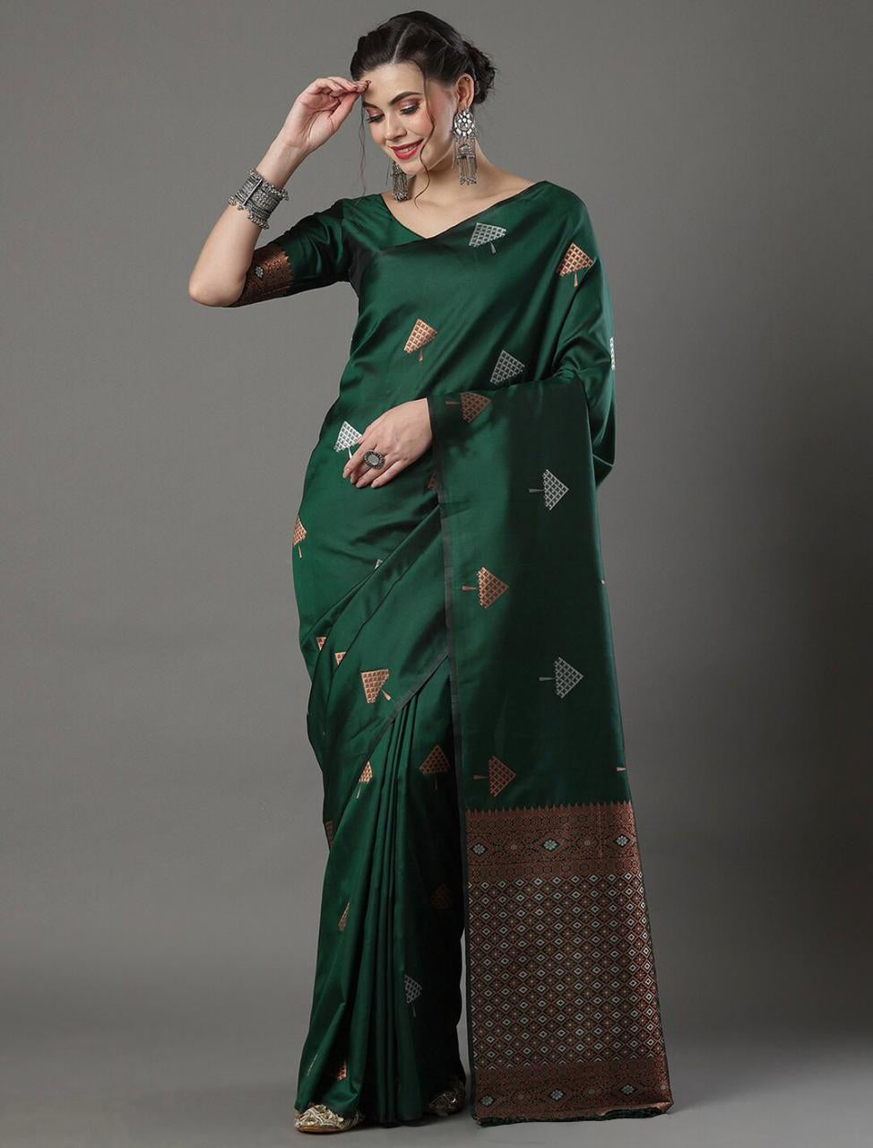 Radiating Green Color Soft Lichi Silk Saree With Blouse Piece