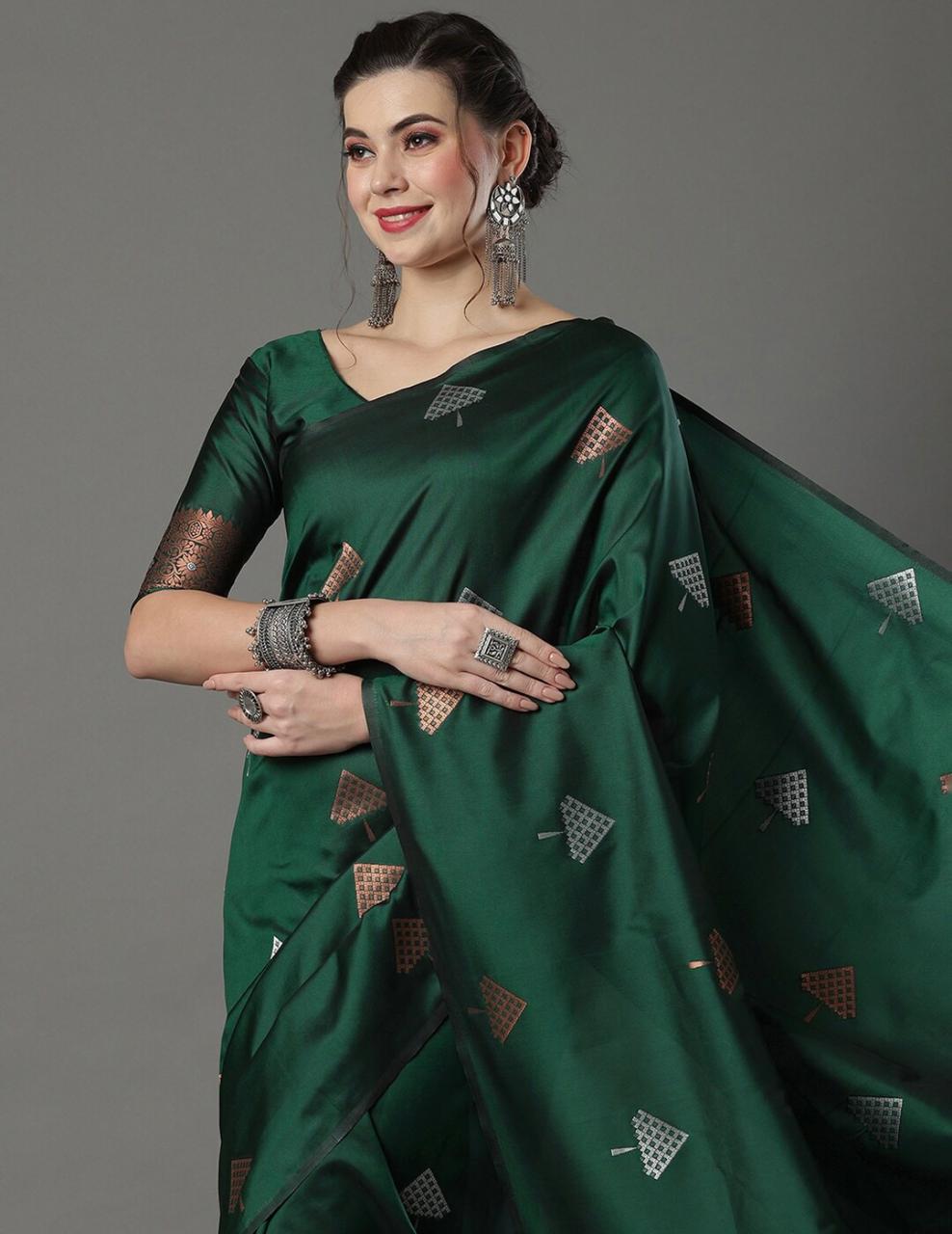 Radiating Green Color Soft Lichi Silk Saree With Blouse Piece