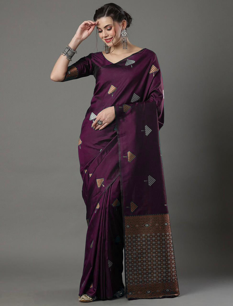 Resplendent Wine Color Soft Lichi Silk Saree With Blouse Piece