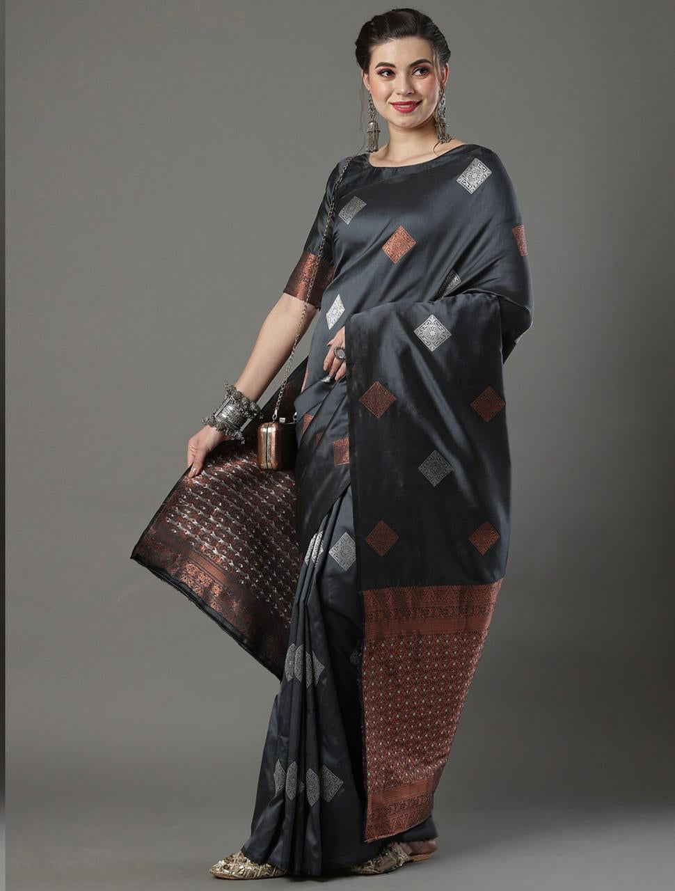 Alluring Grey Color Soft Lichi Silk Saree With Blouse Piece