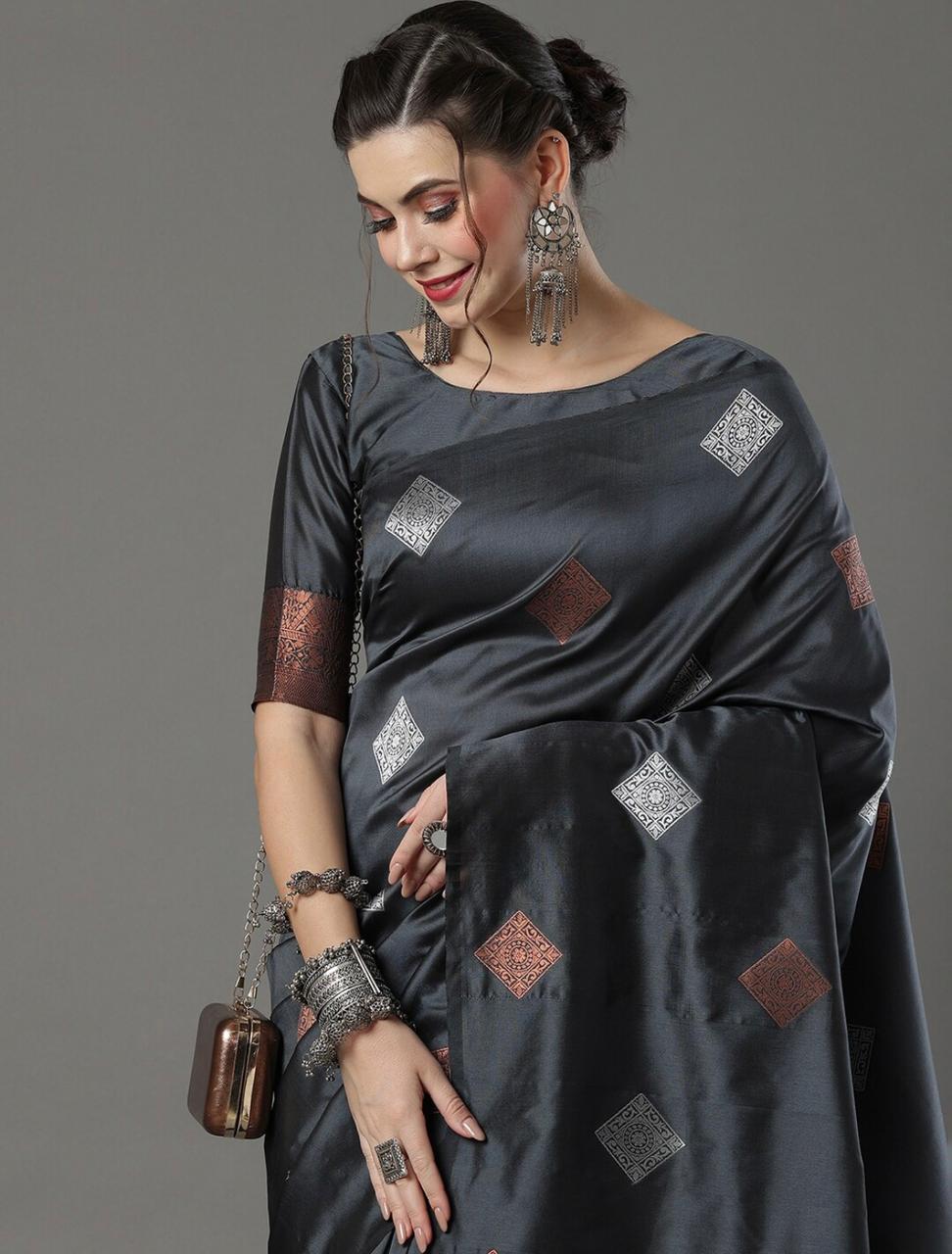 Alluring Grey Color Soft Lichi Silk Saree With Blouse Piece