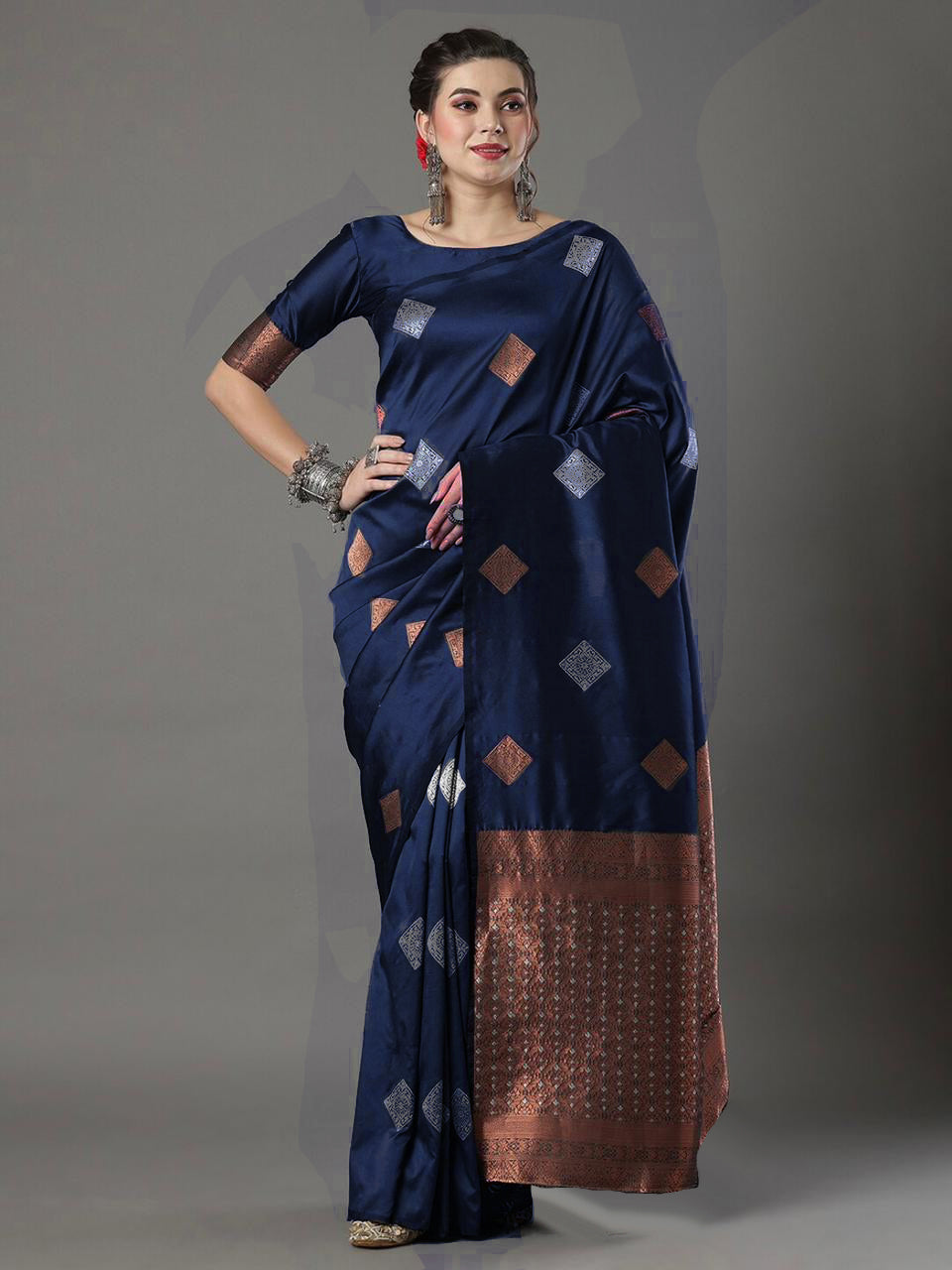 Radiant Navy Blue Color Soft Lichi Silk Saree With Blouse Piece