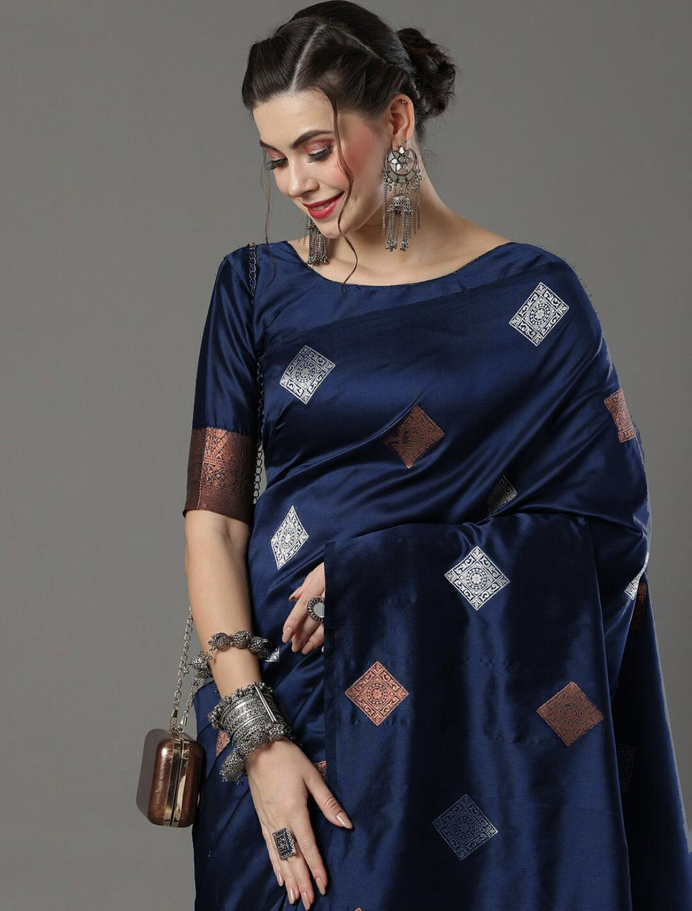 Radiant Navy Blue Color Soft Lichi Silk Saree With Blouse Piece