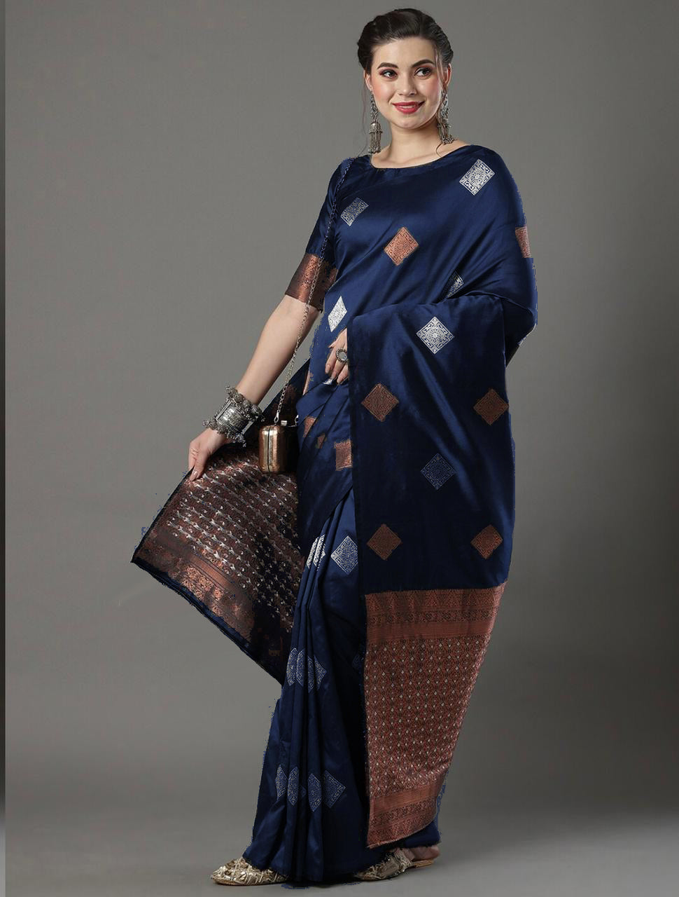 Radiant Navy Blue Color Soft Lichi Silk Saree With Blouse Piece