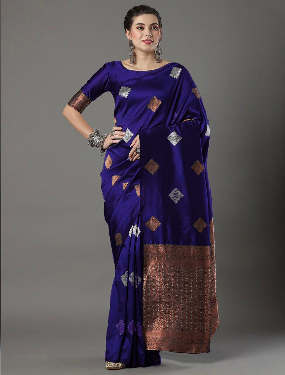 Animated Royal Blue Color Soft Lichi Silk Saree With Blouse Piece