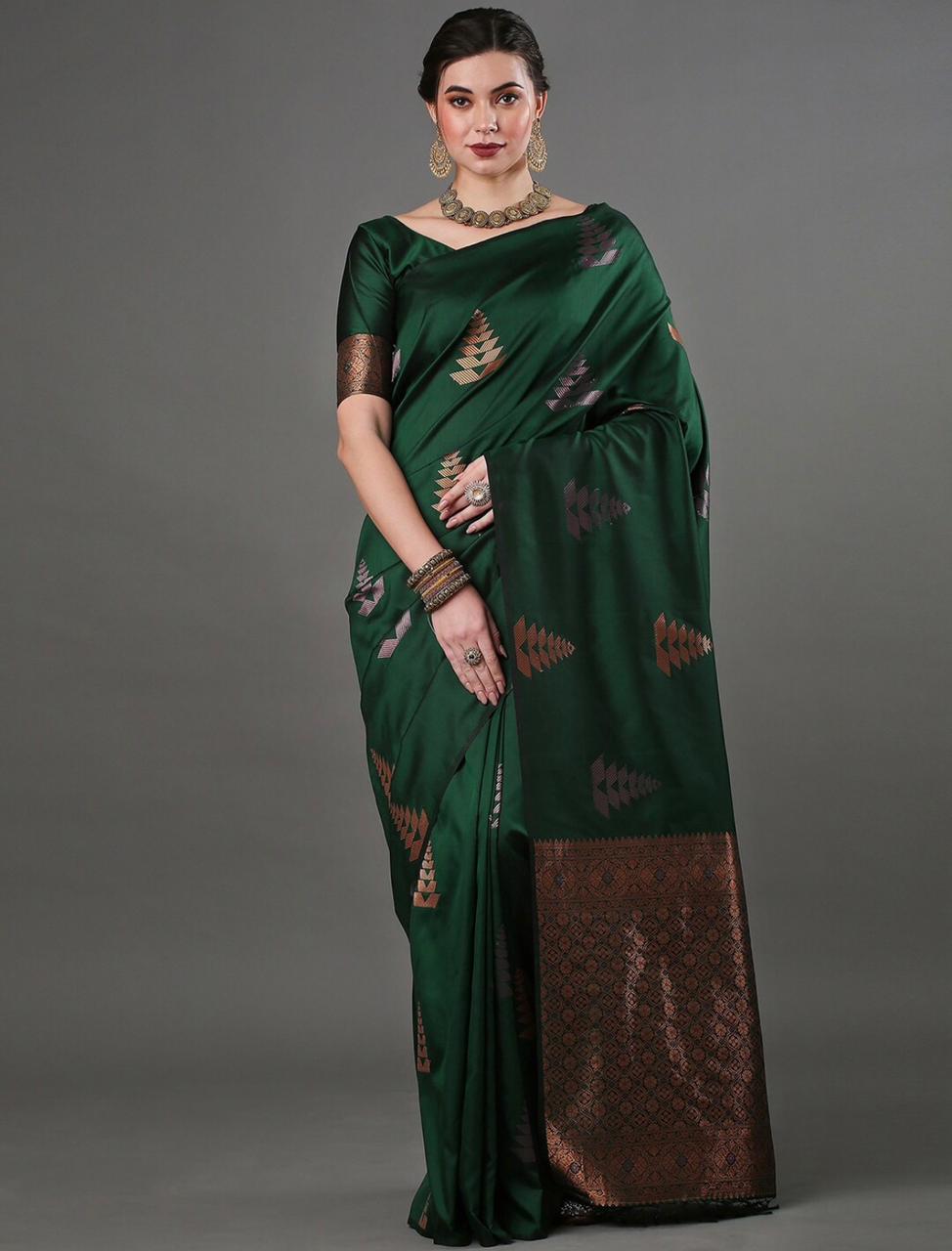 Dazzlingly Green Color Soft Lichi Silk Saree With Blouse Piece