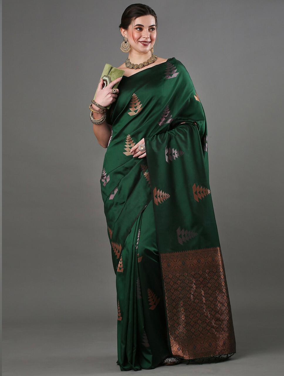 Dazzlingly Green Color Soft Lichi Silk Saree With Blouse Piece