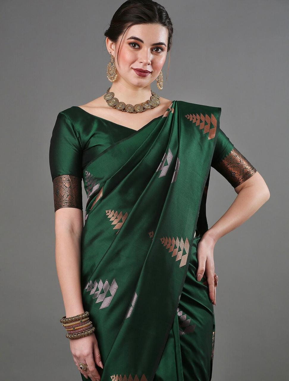 Dazzlingly Green Color Soft Lichi Silk Saree With Blouse Piece