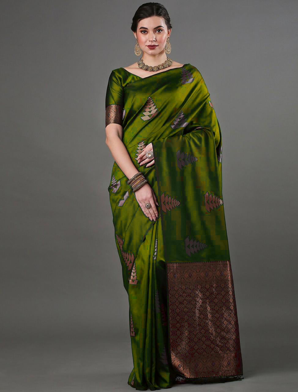 Iconic Mahndi Color Soft Lichi Silk Saree With Blouse Piece