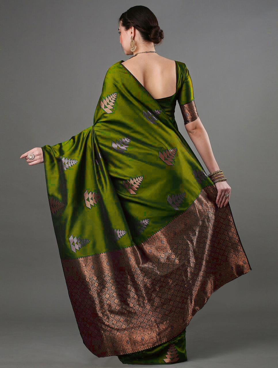 Iconic Mahndi Color Soft Lichi Silk Saree With Blouse Piece