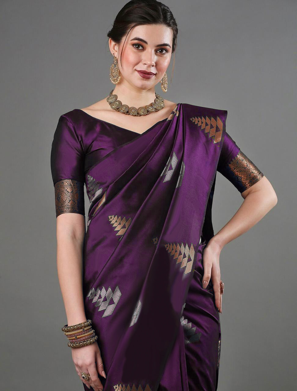 Enigmatic Purple Color Soft Lichi Silk Saree With Blouse Piece