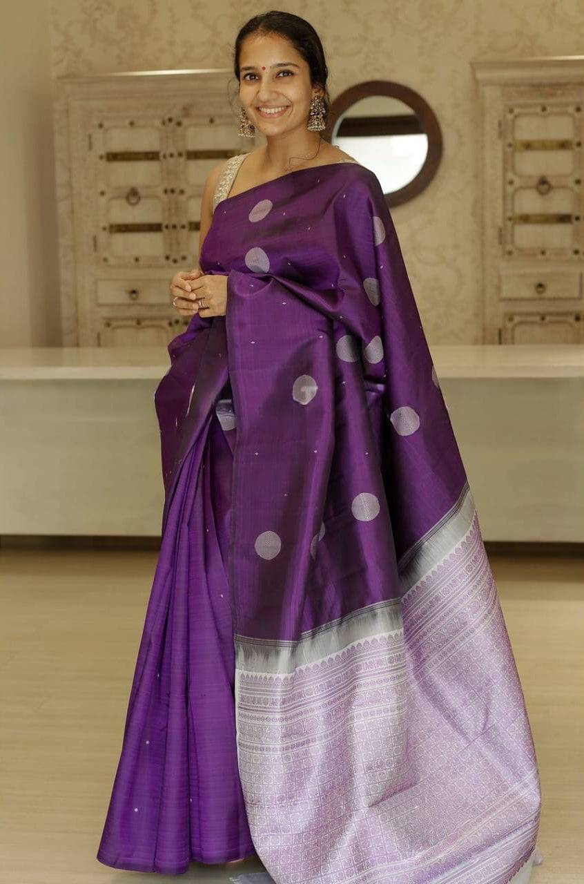 Enthralling Purple Color Soft Lichi Silk Saree With Blouse Piece