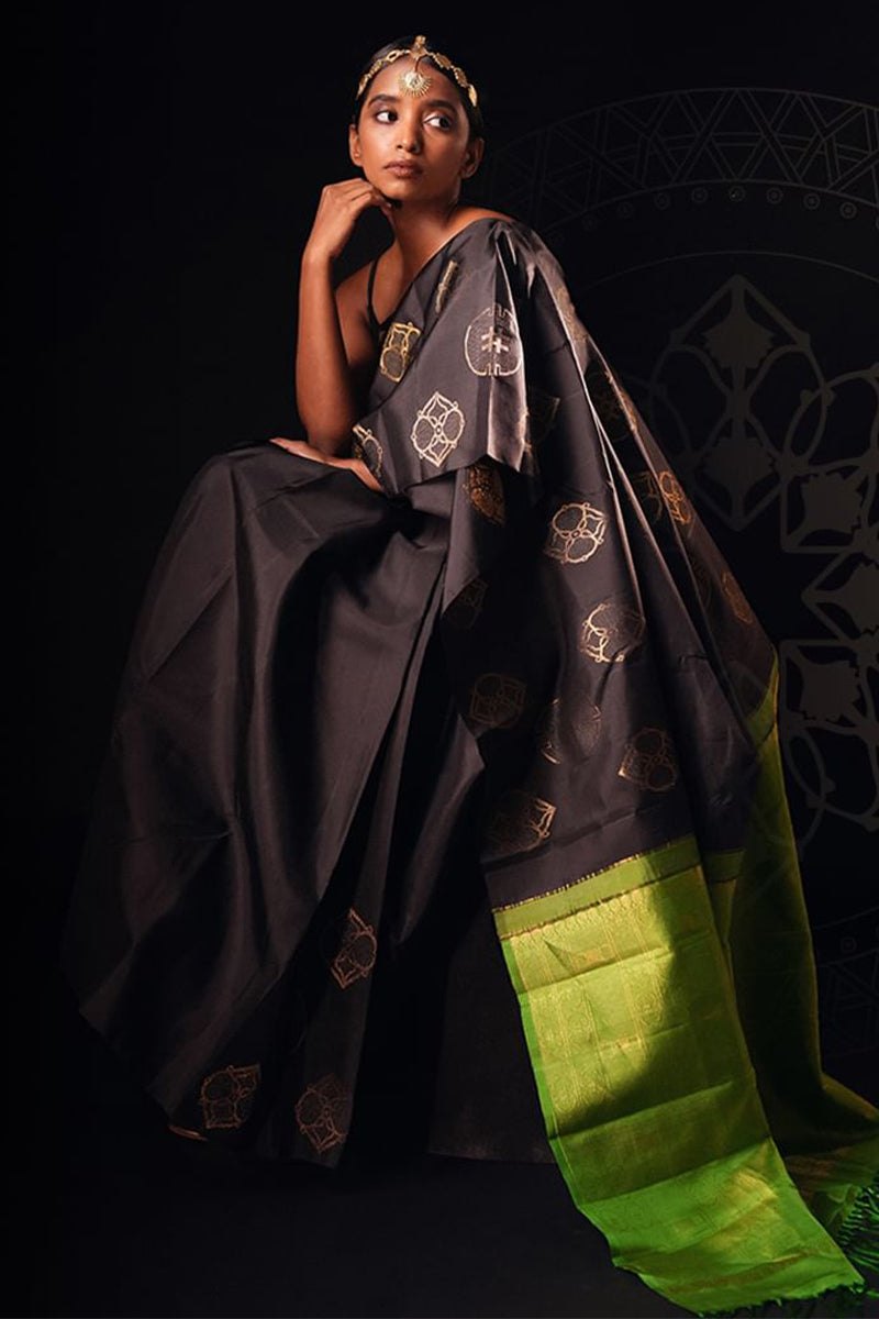 Vibrant Black Color Soft Lichi Silk Saree With Blouse Piece