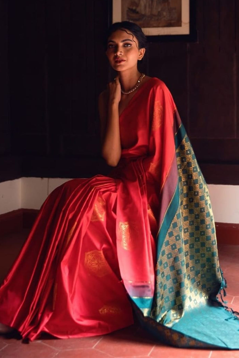 Majestic Red Color Soft Lichi Silk Saree With Blouse Piece