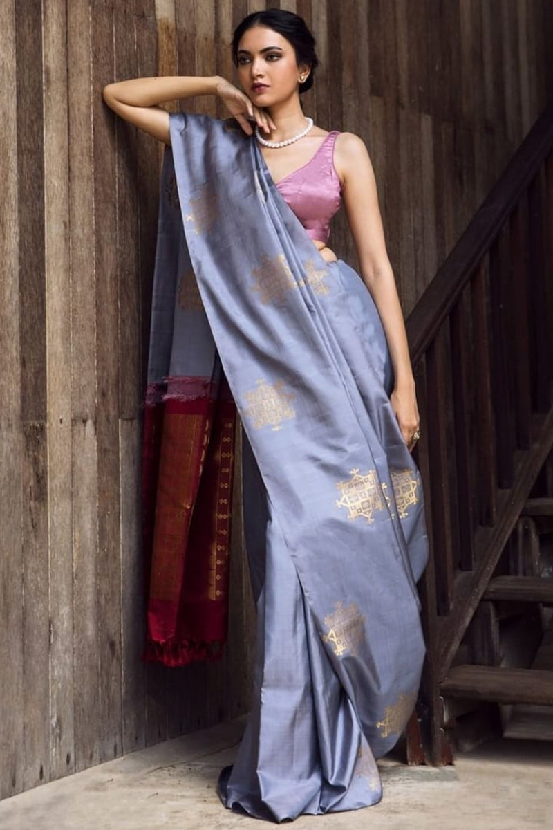 Attention Grey Color Soft Lichi Silk Saree With Blouse Piece