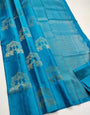 Sophisticated Turquoise Blue Color Soft Lichi Silk Saree With Blouse Piece