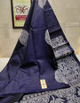 Stylish Navy Blue Color Soft Lichi Silk Saree With Blouse Piece