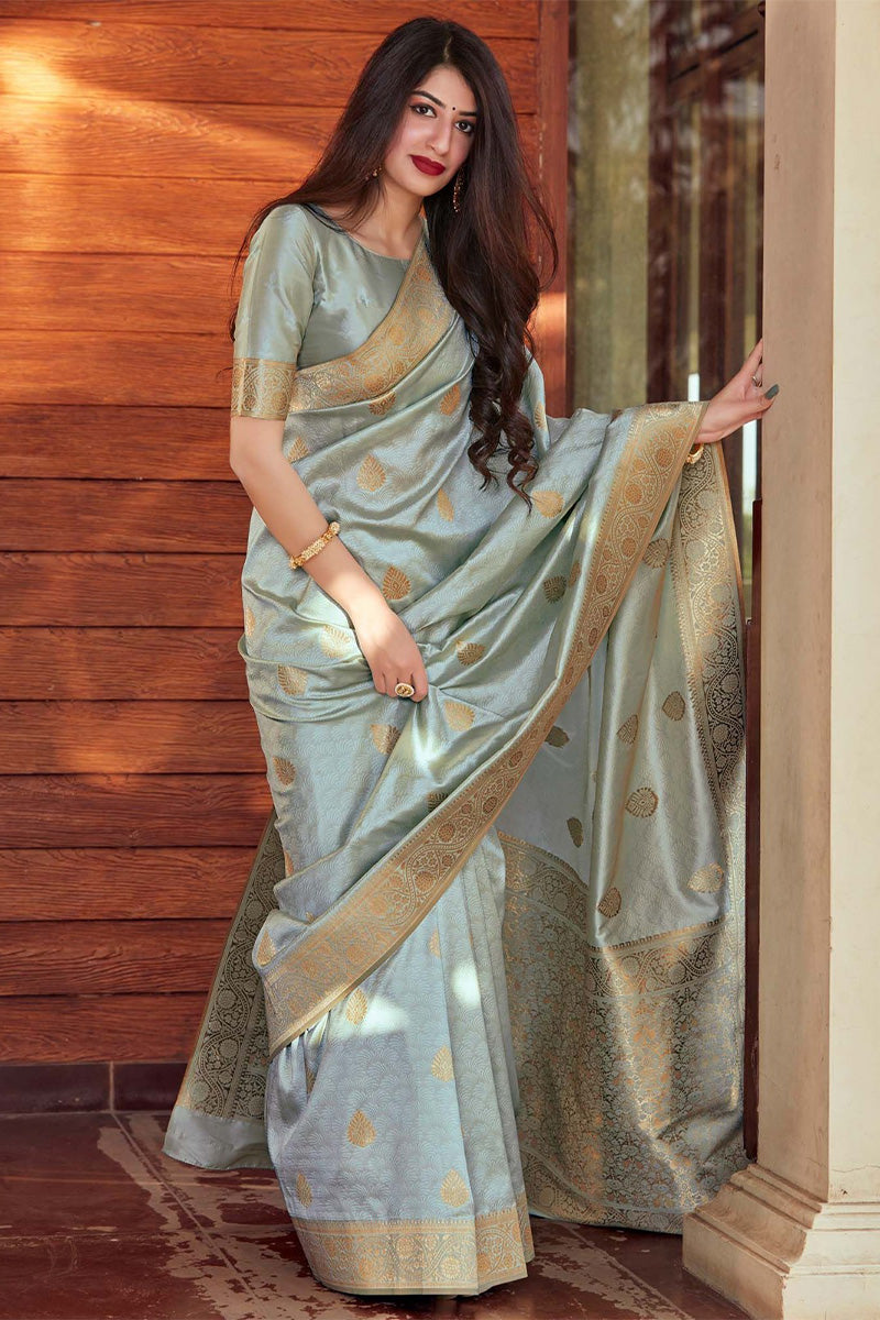 Imbrication Grey Soft Silk Saree With Beauteous Blouse Piece